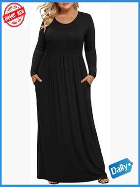 Plus Size Maxi Dress with Pockets Long Sleeve A-Line Casual